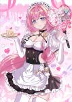  1girl apron black_choker black_dress blue_eyes breasts butterfly_hair_ornament cake chocola_s choker cleavage clothing_cutout collarbone detached_sleeves dress elysia_(honkai_impact) elysia_(miss_pink_elf)_(honkai_impact) flower_ornament food hair_between_eyes hair_ornament heart heart_hands heart_pendant highres holding holding_plate honkai_(series) honkai_impact_3rd large_breasts long_hair looking_at_viewer maid maid_apron maid_headdress pink_background pink_hair pink_pupils plate puffy_short_sleeves puffy_sleeves short_sleeves side_cutout solo strawberry_shortcake teeth thighhighs thighs white_apron white_thighhighs zettai_ryouiki 