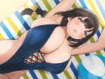  ball black_hair blush bow braids breasts cleavage gray_eyes long_hair nekoshoko original ponytail sideboob swimsuit towel 