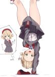  1girl absurdres beret blonde_hair blush commentary_request crossed_arms embarrassed eru_(l_illust45) forehead green_eyes grey_shirt grey_skirt hair_ornament hair_rings handstand hat highres indie_virtual_youtuber long_sleeves looking_at_viewer lycoris_challenge_(meme) meme one_arm_handstand open_mouth pom_pom_(clothes) pom_pom_hair_ornament shigure_ui_(vtuber) shigure_ui_(vtuber)_(1st_costume) shirt simple_background skirt skirt_hold striped_clothes striped_shirt striped_skirt sweat thighs translation_request upside-down vertical-striped_clothes vertical-striped_shirt vertical-striped_skirt white_background white_shirt 