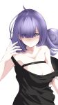  1girl absurdres azur_lane black_shirt breast_strap breasts cleavage closed_mouth collarbone eyes_visible_through_hair hair_over_one_eye hand_up highres huge_breasts long_hair looking_at_viewer mogador_(azur_lane) noshibukuro purple_eyes purple_hair shirt simple_background sketch solo torn_clothes torn_shirt white_background 