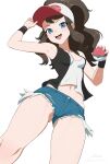  1girl absurdres adjusting_clothes adjusting_headwear armpits artist_name bare_shoulders baseball_cap black_hair blue_eyes breasts buttons collarbone commentary fingernails hands_up hat highres hilda_(pokemon) holding long_hair looking_at_viewer navel navel_peek open_clothes open_mouth original poke_ball pokemon pokemon_bw2 ponytail revenantart shiny_skin shorts sidelocks signature simple_background sleeveless small_breasts smile teeth thighs upper_teeth_only white_background wristband 