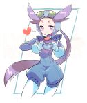  1girl blush cheesecakes_by_lynx closed_mouth english_commentary gloves heart heart_hands highres long_hair looking_at_viewer pilot_helmet pilot_suit pokemon pokemon_oras purple_eyes purple_hair smile solo very_long_hair watermark white_gloves winona_(pokemon) 