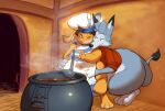  absurd_res anthro apron atlus blush canid canine chef_hat clothed clothing cooking cutlery dawmino detailed_background digital_media_(artwork) digitigrade duo feet female food fur fur_tuft grabbing_from_behind groping_belly hair half-closed_eyes hat headgear headwear hi_res kitchen_utensils lagomorph long_ears male male/female mammal maury_(odin_sphere) narrowed_eyes odin_sphere pooka_(odin_sphere) rubikang sega smile spoon steam tail toes tools tuft vanillaware 