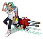  1boy absurdres black_choker blue_hair choker colored_inner_hair colored_tongue commentary_request dark-skinned_male dark_skin english_text eyewear_on_head fangs gradient_hair green_hair green_tongue grey_eyes highres holding hydra_splatling_(splatoon) inkling inkling_girl inkling_player_character long_hair looking_at_viewer male_focus multicolored_hair open_mouth pointy_ears shirt shoes short_eyebrows short_sleeves sneakers solo splatoon_(series) standing sunglasses t-shirt tongue tongue_out white_hair white_shirt zzb_azz 