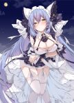  absurdres alternate_costume animal_band animal_ears apron arkhangelsk_(azur_lane) arm_garter arms_under_breasts azur_lane blue_hair breast_hold breasts cheshire_(azur_lane) cheshire_(azur_lane)_(cosplay) cleavage commission cosplay crossed_arms detached_sleeves fake_animal_ears frilled_hairband frilled_ribbon frills full_moon garter_straps green_eyes hairband highres large_breasts long_hair long_ribbon maid maid_headdress mikuchi3939 moon pixiv_commission puffy_detached_sleeves puffy_sleeves purple_apron ribbon thighhighs white_garter_straps white_thighhighs wrist_cuffs 