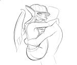  big_ears carrying_another clothed clothing deadlock facial_piercing female gargoyle hair hat headgear headwear hug human ivy_(deadlock) long_hair male mammal nose_piercing nose_ring piercing ring_piercing simple_background sketch suspenders tongue unknown_artist valve white_background wings 