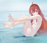  1girl absurdres ahoge armpits barefoot bikini black_hairband breasts closed_mouth eris_greyrat eyebrows_hidden_by_hair feet feet_up full_body hairband highres in_water knees_up long_hair looking_at_viewer mushoku_tensei navel red_eyes red_hair ripples sitting small_breasts soles solo stomach swimsuit toes user_hrcf4452 very_long_hair white_bikini 
