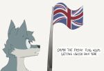  anthro canid canine canis dialogue flag flag_pole humor male mammal mangoyena simple_background solo speech_bubble union_jack white_background wolf 