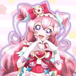  1girl blush bow_hairband cone_hair_bun cure_precious delicious_party_precure double_bun dress earrings hair_bun hairband head_tilt heart heart_hands highres jewelry magical_girl momo_usagi nagomi_yui open_mouth pink_hair precure purple_eyes smile solo two_side_up 