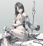  1girl amputee android bare_shoulders black_hair blue_eyes breasts cable cho_yonghee collarbone exposed_muscle highres holding joints katana maintenance mechanical_arms mechanical_parts medium_breasts nipples nude original robot_joints sitting solo sword thighs weapon 