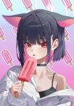  1girl animal_ears black_choker black_ears black_hair black_shirt blue_archive blush breasts cat_ears cat_girl choker cleavage collarbone colored_inner_animal_ears colored_inner_hair eyelashes fingernails food hair_intakes halo halo_behind_head highres holding holding_food holding_ice_cream ice_cream jacket kazusa_(blue_archive) looking_at_viewer m.q_(mqkyrie) melting multicolored_hair pink_hair pink_halo shirt short_hair solo tongue tongue_out white_jacket 