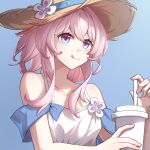  1girl alternate_costume blue_background closed_mouth cup disposable_cup drinking_straw flower_ornament hat highres holding holding_cup honkai:_star_rail honkai_(series) lisebai march_7th_(honkai:_star_rail) medium_hair pink_hair solo straw_hat string tongue tongue_out 