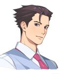 1boy ace_attorney black_hair blue_eyes blue_vest closed_mouth collared_shirt cropped_shoulders hair_slicked_back highres kune_akiro male_focus necktie phoenix_wright pink_necktie shirt short_hair simple_background solo three_quarter_view vest white_background white_shirt 