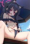  1girl :d absurdres animal_ear_fluff animal_ears bare_shoulders beach_umbrella bikini bikini_bottom_pull black_bikini black_hair blue_archive blue_sky blush breasts cat_ears cloud day frilled_bikini frills highres holding long_hair looking_at_viewer navel oishi_kuwagata open_mouth outdoors partially_visible_vulva red_eyes serika_(blue_archive) serika_(swimsuit)_(blue_archive) sitting sky small_breasts smile solo spread_legs stomach swimsuit twintails umbrella underboob very_long_hair wedgie 