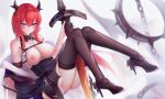  arknights breasts dress horns long_hair nipples purple_eyes pussy_juice red_hair surtr_(arknights) sword thighhighs weapon zhixue 