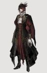  1girl absurdres black_dress bloodborne cape character_request dress hanny_(uirusu_chan) highres looking_at_viewer pale_skin red_dress red_hair solo tagme white_background 