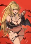 1girl absurdres bare_shoulders blonde_hair blush breasts cleavage deliciousbrain earrings fangs highres jewelry large_breasts long_hair looking_at_viewer mythra_(xenoblade) navel revealing_clothes solo swept_bangs tiara vampire very_long_hair xenoblade_chronicles_(series) xenoblade_chronicles_2 yellow_eyes 