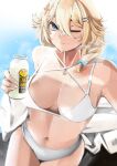  1girl absurdres bare_shoulders bikini blonde_hair blue_bow blue_eyes blurry bottle bow breasts breasts_apart closed_mouth cropped_legs depth_of_field hair_between_eyes hair_bow hair_ornament hairclip highres holding holding_bottle jewelry kaneko_lumi large_breasts lemonade looking_at_viewer navel outdoors phase_connect pupi_(rain_prophet) solo swimsuit virtual_youtuber white_bikini 