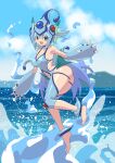  1girl absurdres aqua_(konosuba) artist_name blue_eyes blue_hair blue_hat blue_one-piece_swimsuit blurry blurry_background breasts clothing_cutout commentary cosplay covered_nipples digimon english_commentary fins forehead_jewel full_body hat head_fins highres kono_subarashii_sekai_ni_shukufuku_wo! long_hair looking_at_viewer maho_malice medium_breasts mountain navel one-piece_swimsuit ranamon ranamon_(cosplay) stomach_cutout swimsuit water 