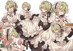  1girl absurdres apron bad_id bad_pixiv_id black_dress black_ribbon boots brown_footwear closed_eyes closed_mouth collared_dress cup dress ensemble_stars! flower food fork frilled_apron frills genderswap genderswap_(mtf) green_hair hair_between_eyes highres holding holding_cup holding_fork holding_plate holding_saucer long_sleeves looking_at_viewer looking_to_the_side maid maid_apron maid_headdress meremero multiple_views neck_ribbon open_mouth own_hands_together pink_flower pink_rose plate profile purple_eyes ribbon rose saucer short_hair skirt_hold smile standing teacup tomoe_hiyori tongue tongue_out white_apron white_ribbon 