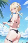  1girl absurdres ass bikini black_bikini blonde_hair blue_sky breasts cloud cloudy_sky commentary_request cowboy_shot day feather_hair_ornament feathers flower from_behind genshin_impact hair_flower hair_ornament highres lishu_(2013547716) looking_at_viewer looking_back lumine_(genshin_impact) medium_breasts mountainous_horizon o-ring o-ring_thigh_strap ocean outdoors short_hair short_hair_with_long_locks sky smile solo swimsuit thigh_strap white_flower yellow_eyes 