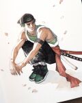  1boy alternate_costume baseball_cap cherry_blossoms full_body green_hair hat highres kelogsloops looking_to_the_side male_focus one_piece petals roronoa_zoro scar scar_across_eye shoes short_hair sneakers solo squatting toned toned_male 