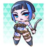  1girl absurdres arm_tattoo bare_shoulders belt belt_buckle black_hair blue_eyes blue_eyeshadow blue_gloves blue_hair blue_lips blush boots brown_belt buckle character_request chibi collarbone commentary_request ear_piercing elbow_gloves eyeshadow full_body gloves grey_footwear hand_on_own_hip highres holding holding_sword holding_weapon knee_boots leg_tattoo looking_at_viewer makeup mole mole_under_mouth multicolored_hair navel open_mouth piercing saga_emerald_beyond saishosaisekojo short_hair single_glove solo standing stomach_tattoo streaked_hair sword tattoo thick_eyebrows weapon 