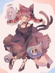  2girls :3 animal_ears bare_shoulders black_bow black_dress black_footwear bow braid cat_ears cat_girl cat_tail commentary dress full_body hair_bow halo highres hitodama kaenbyou_rin looking_at_viewer multiple_girls multiple_tails ratto_(mobilis_1870) red_eyes red_hair side_braids tail touhou twin_braids two_tails zombie_fairy_(touhou) 