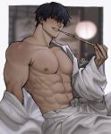  1boy abs bara bare_pectorals black_hair cowboy_shot fushiguro_touji highres jujutsu_kaisen large_pectorals lips looking_at_viewer male_focus mature_male muscular muscular_male navel_hair nipples partially_undressed pectorals rei_(bureichi) scar scar_on_face scar_on_mouth seductive_smile short_hair smile smoking_pipe solo thick_eyebrows unfinished 