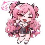  1girl ;d absurdres assault_rifle black_choker black_footwear black_skirt blue_archive blush bow breasts cellphone cellphone_charm charm_(object) chibi choker cleavage collared_shirt commentary_request double_bun dress_shirt fang full_body gun h&amp;k_hk33 hair_bun half-closed_eye halo hand_up heart highres holding holding_phone horns jewelry kirara_(blue_archive) loafers long_hair looking_at_viewer medium_breasts nail_polish one_eye_closed pendant phone pink_hair purple_eyes red_bow red_nails rifle saishosaisekojo shirt shoes short_sleeves skirt smile socks solo standing two_side_up very_long_hair weapon white_shirt white_socks 