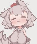  1girl absurdres animal_ears blush breasts chii_(tsumami_tsumamare) closed_eyes detached_sleeves facing_viewer grey_background grey_hair hat highres inubashiri_momiji red_hat short_hair simple_background solo tail tokin_hat tongue tongue_out touhou upper_body wolf_ears wolf_girl wolf_tail 