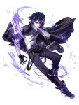  1boy absurdres black_footwear black_gloves black_hair black_jacket black_pants bracelet covering_one_eye full_body gloves highres jacket jewelry male_focus original pants parted_lips purple_eyes shirt shoes short_hair sneakers sumitoto_octo sword weapon white_background white_shirt 
