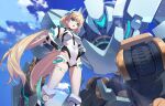  angela_balzac aqua_eyes armor blonde_hair boots clouds elbow_gloves expelled_from_paradise garter gloves leotard long_hair mecha mechagirl sky twintails yang-do 