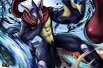  2024 abs anthro barazoku big_muscles biped fight generation_6_pokemon glowing glowing_eyes greninja hi_res looking_at_viewer lumii male muscular muscular_anthro muscular_male nintendo pecs pokemon pokemon_(species) solo standing 