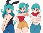  1girl absurdres alternate_costume animal_ears aqua_hair artist_name bandana bare_shoulders black_leotard blue_eyes blue_pants blue_pantyhose breasts bulma cleavage cremanata crossed_arms denim detached_collar dragon_ball grid_background heart highres jeans leotard long_hair looking_at_viewer midriff multiple_views navel open_mouth orange_shorts pants pantyhose playboy_bunny pointing pout rabbit_ears rabbit_tail red_bandana red_shirt shirt short_hair short_shorts short_sleeves shorts sparkle strapless strapless_shirt tail teeth upper_teeth_only white_background white_shirt white_wrist_cuffs wrist_cuffs 