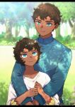  2boys aged_down black_hair blue_eyes blue_shirt brown_hair child curly_hair dappled_sunlight dark-skinned_male dark_skin day dual_persona dungeon_meshi hands_up happy_birthday hc1l_627 highres hug hug_from_behind kabru letterboxed long_sleeves looking_at_another multiple_boys nature outdoors shirt short_hair smile sunlight time_paradox twitter_username white_shirt 