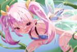 1girl ass blue_leotard blush breasts bukkake cum cum_on_ass cum_on_body cum_on_clothes cum_on_hair ejaculation facial fairy fairy_wings highres leaning_forward leotard long_hair open_mouth outdoors pink_eyes pink_hair pointy_ears rabi-ribi restrained ribbon ribbon_(rabi-ribi) small_breasts tentacles thighs twintails wings yuzi124 