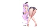  ass barefoot blush bow braids drink horns long_hair original phone pointed_ears purple_eyes purple_hair shorts suraimu_(suraimuraimu) third-party_edit white 