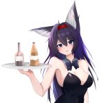  1girl absurdres animal_ear_fluff animal_ears arknights arm_at_side armpits bare_shoulders black_bow black_bowtie black_leotard blaze_(arknights) blue_eyes blush bottle bow bowtie breasts cleavage commentary covered_navel drink eyes_visible_through_hair hair_between_eyes hairband hand_up highres holding holding_tray leotard long_hair looking_at_viewer medium_breasts parted_lips playboy_bunny purple_hair qing_jingze_ying_official red_hairband simple_background skin_tight solo strapless strapless_leotard traditional_bowtie tray upper_body white_background 