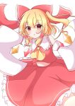  1girl :o absurdres ako_oekaki ascot bare_shoulders blonde_hair bow commentary_request cosplay cowboy_shot crystal_wings detached_sleeves eyes_visible_through_hair flandre_scarlet frilled_bow frilled_hair_tubes frilled_shirt_collar frilled_skirt frills hair_between_eyes hair_bow hair_tubes hakurei_reimu hakurei_reimu_(cosplay) hand_up highres long_sleeves looking_at_viewer medium_hair midriff_peek one_side_up orange_eyes parted_lips red_bow red_shirt red_skirt shirt sidelocks simple_background skirt sleeveless sleeveless_shirt solo split_mouth touhou white_background white_sleeves wings yellow_ascot 