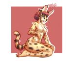  absurd_res anthro breasts felid feline female fur hair hi_res looking_at_viewer mammal markings nipples nude pimstacja pistacja serval simple_background solo spots spotted_body spotted_fur tail 
