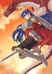  1girl absurdres armor armored_boots berwick_saga blue_eyes blue_hair boots cape commentary_request dragon dragon_tail fangs gloves highres honma0220 knight larentia_(tear_ring_saga) long_hair polearm shield sky solo spear tail tear_ring_saga weapon 