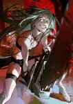  1girl aqua_hair bare_arms bare_shoulders black_cape black_shorts blood blood_splatter boots breasts cape chainsaw city cleavage crazy_eyes crazy_smile crop_top foot_out_of_frame green_eyes highres holding holding_chainsaw incoming_attack looking_at_viewer open_mouth path_to_nowhere rain road sharp_teeth shorts sleeptight small_breasts smile solo street teeth thigh_boots traffic_light two_side_up waist_cape wendy_(path_to_nowhere) white_footwear 