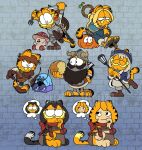 6+boys angry armor bread brick_wall cat_boy character_request chilchuck_tims cosplay dungeon_meshi falin_touden food fork garfield garfield_(character) highres holding holding_fork holding_knife image_in_thought_bubble knife laios_touden marcille_donato medli20 multiple_boys orange_fur pooky_(garfield) senshi_(dungeon_meshi) tongue tongue_out walking_mushroom_(dungeon_meshi) 