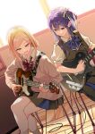  2girls black_dress blonde_hair blue_bow blue_bowtie blue_eyes blue_hair bow bowtie brown_cardigan cable cardigan closed_mouth collared_shirt commentary_request dress dress_shirt green_eyes hair_ribbon highres holding holding_plectrum indoors instrument izumi_shiho long_hair long_sleeves medium_hair miman mizuguchi_aki mole mole_under_eye multiple_girls music one_side_up open_mouth pinafore_dress plaid_bow plaid_bowtie plaid_clothes playing_instrument pleated_dress pleated_skirt plectrum puffy_short_sleeves puffy_sleeves red_bow red_bowtie ribbon sasayaku_you_ni_koi_wo_utau school_uniform shirt short_sleeves sidelocks sitting skirt sleeveless sleeveless_dress socks unmoving_pattern white_shirt white_socks window yellow_ribbon 