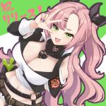  1girl absurdres bare_shoulders black_ribbon breasts earrings green_eyes hair_ornament hair_ribbon hairclip hand_up head_tilt heart heart_earrings highres jewelry kurario-ru large_breasts long_hair long_sleeves looking_at_viewer midriff mole mole_on_breast nicole_demara pink_hair ribbon simple_background smile solo strapless tube_top upper_body w zenless_zone_zero 