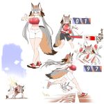  1girl ? all_fours animal_ears beret bike_shorts black_ribbon black_shorts breasts commentary_request crop_top fox_ears fox_girl fox_tail grey_hair hair_ribbon hat highres huge_breasts hurdle island_fox_(kemono_friends) kemono_friends long_hair midriff multicolored_hair multiple_views orange_hair paddle red_headwear ribbon running short_sleeves shorts simple_background stretch table_tennis table_tennis_paddle tail translation_request very_long_hair virtual_youtuber white_background white_hair yellow_eyes yoshida_hideyuki 