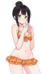  1girl bangs bikini bikini_skirt black_hair breasts closed_mouth commentary cowboy_shot fingers_together front-tie_bikini front-tie_top green_eyes hair_bun hair_ribbon hamaguchi_ayame highres idashige_(walkietalkie) idolmaster idolmaster_cinderella_girls looking_at_viewer navel orange_bikini plaid plaid_bikini ribbon short_hair simple_background small_breasts smile solo standing swimsuit white_background white_ribbon 