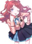  1girl ;p akanbe blazer blue_eyes blue_overskirt blue_ribbon blue_skirt blush brown_jacket commentary_request cropped_jacket double_bun eyelid_pull gakuen_idolmaster hair_bun hanami_saki hatsuboshi_gakuen_school_uniform highres idolmaster jacket long_sleeves looking_at_viewer neck_ribbon one_eye_closed pleated_skirt puruchamu red_hair ribbon school_uniform shirt simple_background skirt solo tongue tongue_out two_side_up white_background white_shirt 