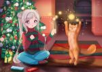  1girl absurdres blush carpet cat christmas christmas_lights christmas_ornaments christmas_tree gift highres magia_record:_mahou_shoujo_madoka_magica_gaiden mahou_shoujo_madoka_magica open_mouth pajamas radio.broom red_cat silver_hair wand yakumo_mikage 